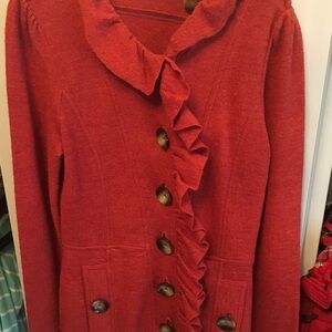 Anthropologie Red Ruffle Front Cardigan Sweater